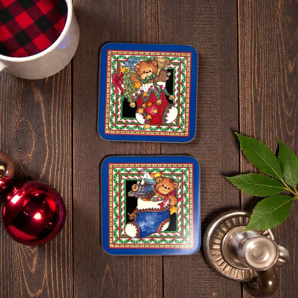New! 6 Vintage Pimpernel Christmas Stocking Teddy Bear Coasters Made in England